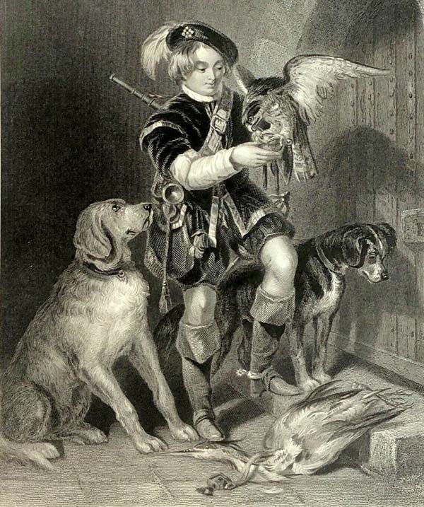 Le fauconnier, son oiseau et ses chiens après la prise d’un héron. Lithographie de John Frédérick-Tayler en 1863.